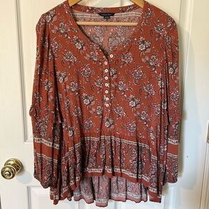 AE Rust Orange Floral Flowy Button-Front Boho Peasant Tunic Blouse | Size M